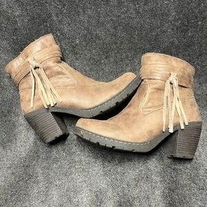 Womens Ankle Boots Taupe Faux‎ Leather Heeled Booties with Tassels Size 7.5